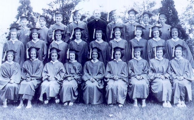 Black and white photo taken outdoors from 1946 of a group of young men and women in dark graduation gowns and caps with a man in a priest's cassock and white collar